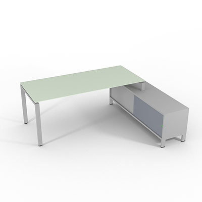 Bureau de direction sur retour porteur gamme RIO - 200 x 165 cm - plateau verre blanc - pi�tement gris aluminium - portes gris fum�