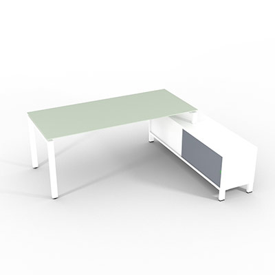 Bureau de direction sur retour porteur gamme RIO - 200 x 165 cm - plateau verre blanc - pi�tement blanc - portes gris fum�