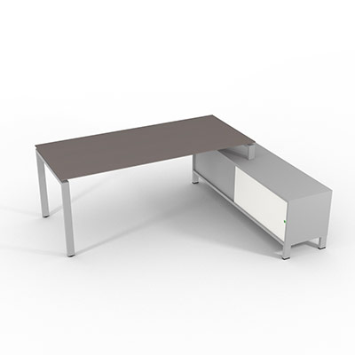Bureau de direction sur retour porteur gamme RIO - 200 x 165 cm - plateau verre gris souris - pi�tement gris aluminium - portes blanches
