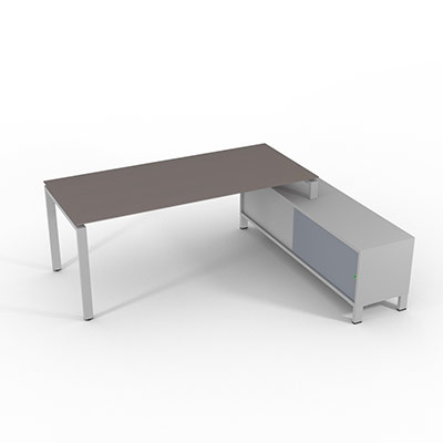 Bureau de direction sur retour porteur gamme RIO - 200 x 165 cm - plateau verre gris souris - pi�tement gris aluminium - portes gris fum�
