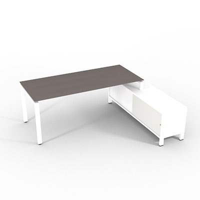 Bureau de direction sur retour porteur gamme RIO - 200 x 165 cm - plateau verre gris souris - pi�tement blanc - portes blanches