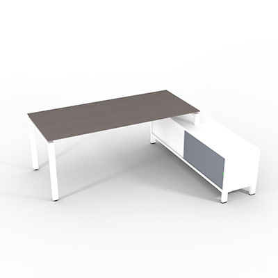 Bureau de direction sur retour porteur gamme RIO - 200 x 165 cm - plateau verre gris souris - pi�tement blanc - portes gris fum�