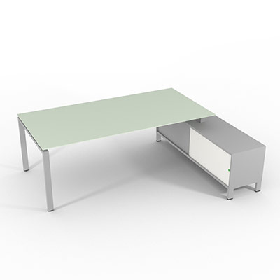 Bureau de direction sur retour porteur gamme RIO - 220 x 165 cm - plateau verre blanc - pi�tement gris aluminium - portes blanches