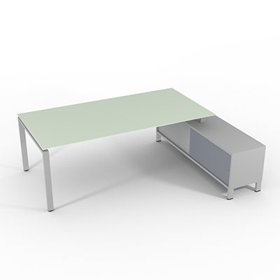 Bureau de direction sur retour porteur gamme RIO - 220 x 165 cm - plateau verre blanc - pi�tement gris aluminium - portes gris fum�