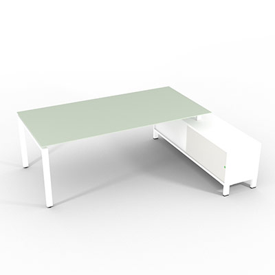 Bureau de direction sur retour porteur gamme RIO - 220 x 165 cm - plateau verre blanc - pi�tement blanc - portes blanches