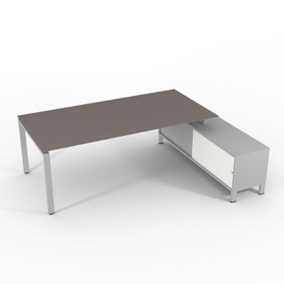 Bureau de direction sur retour porteur gamme RIO - 220 x 165 cm - plateau verre gris souris - pi�tement gris aluminium - portes blanches