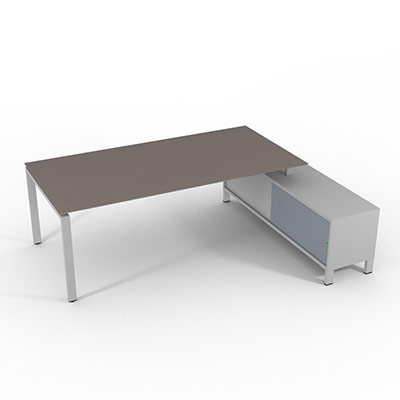 Bureau de direction sur retour porteur gamme RIO - 220 x 165 cm - plateau verre gris souris - pi�tement gris aluminium - portes gris fum�