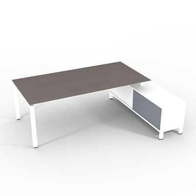 Bureau de direction sur retour porteur gamme RIO - 220 x 165 cm - plateau verre gris souris - pi�tement blanc - portes gris fum�