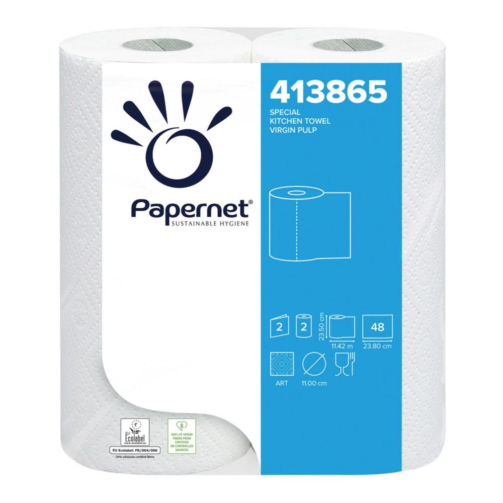 Essuie-tout double Papernet �paisseur gaufr� - 48 feuilles - Blanc - Lot de 2 rouleaux de 11,42 m