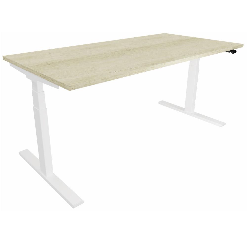 Bureau assis-debout rglage lectrique Eminence - 160 x 80 cm - plateau chne - pitement colonne centr - blanc