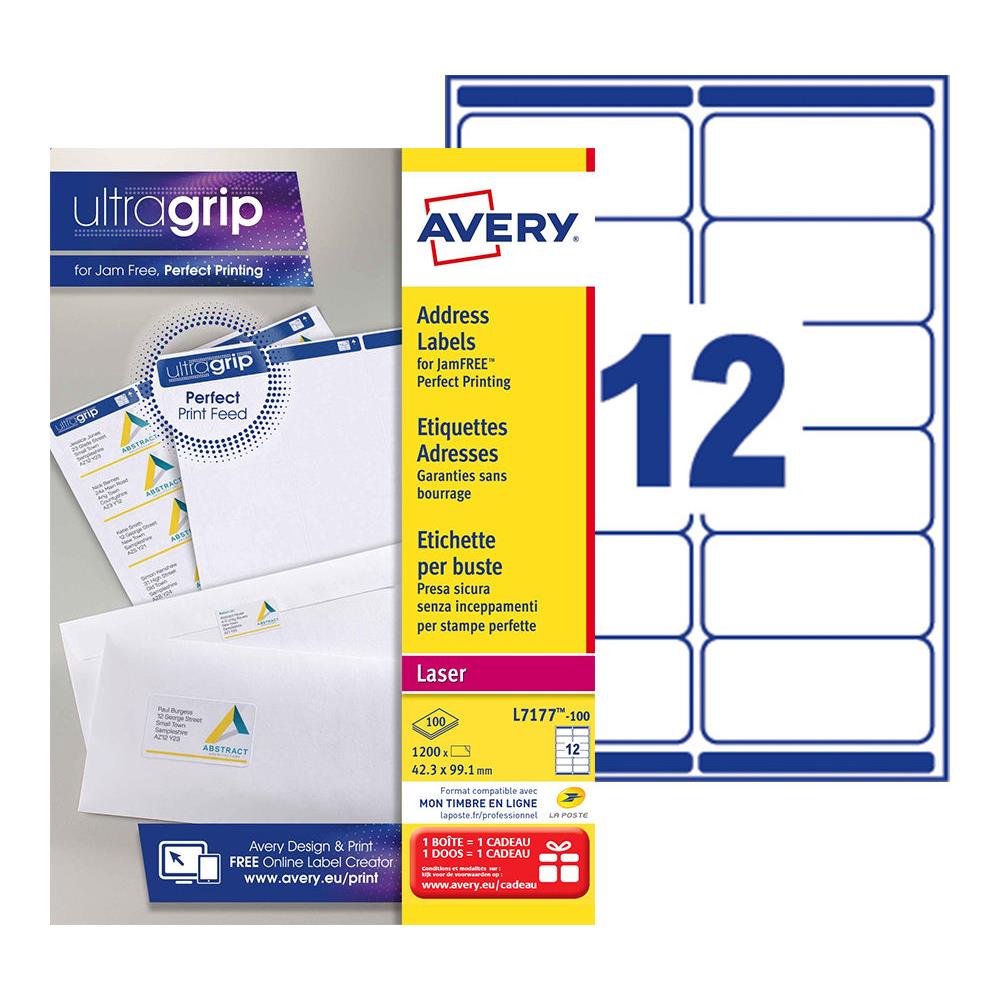 Etiquettes Avery L7177-100 - impression laser - blanc - 99,1 x 42,3 mm - bote de 1200