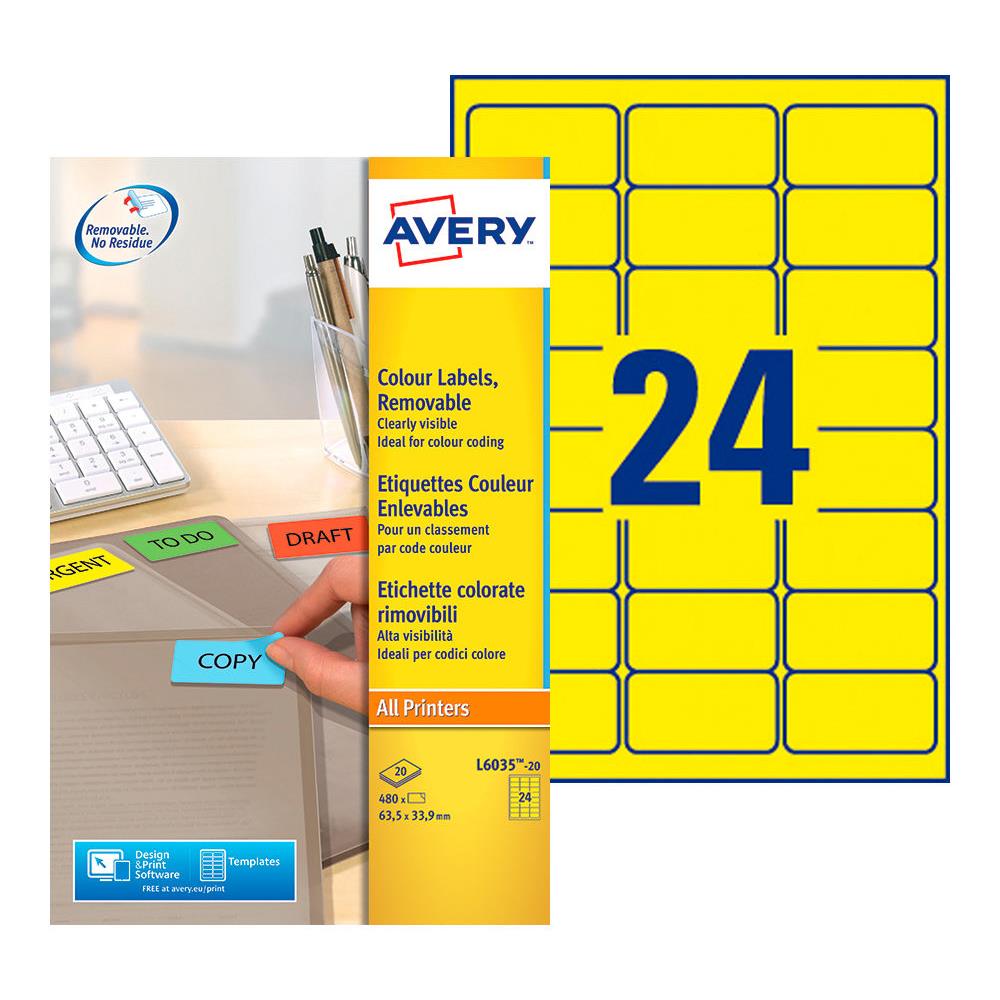 Etiquettes de couleur enlevable Avery L6035 - jaune - 63,5x33,9mm - bote de 480