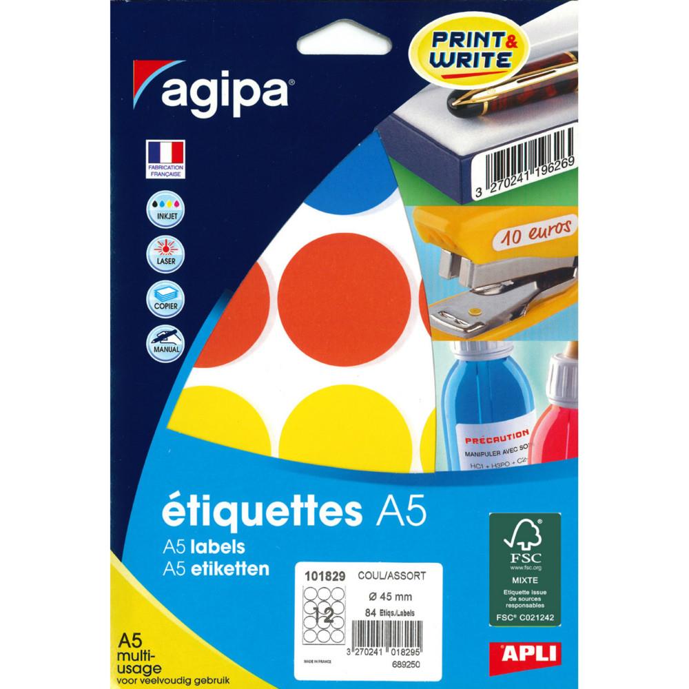 Pastilles adh�sives Agipa rondes o 45 mm - 101829 - A5 - Pochette de 7 feuilles de 12 - 84 �tiquettes - Assorties