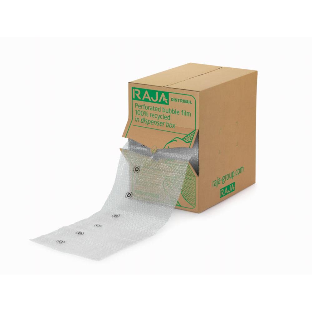 Film de protection Raja  bulles d'air 10 mm - bote distributrice avec rouleau - l. 32 cm x L. 50 m - 155 feuilles - transparent