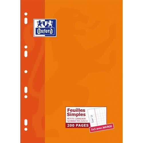 Feuilles mobiles Oxford perfor�es - 21x29,7 cm - 90 g - petits carreaux - 200 pages