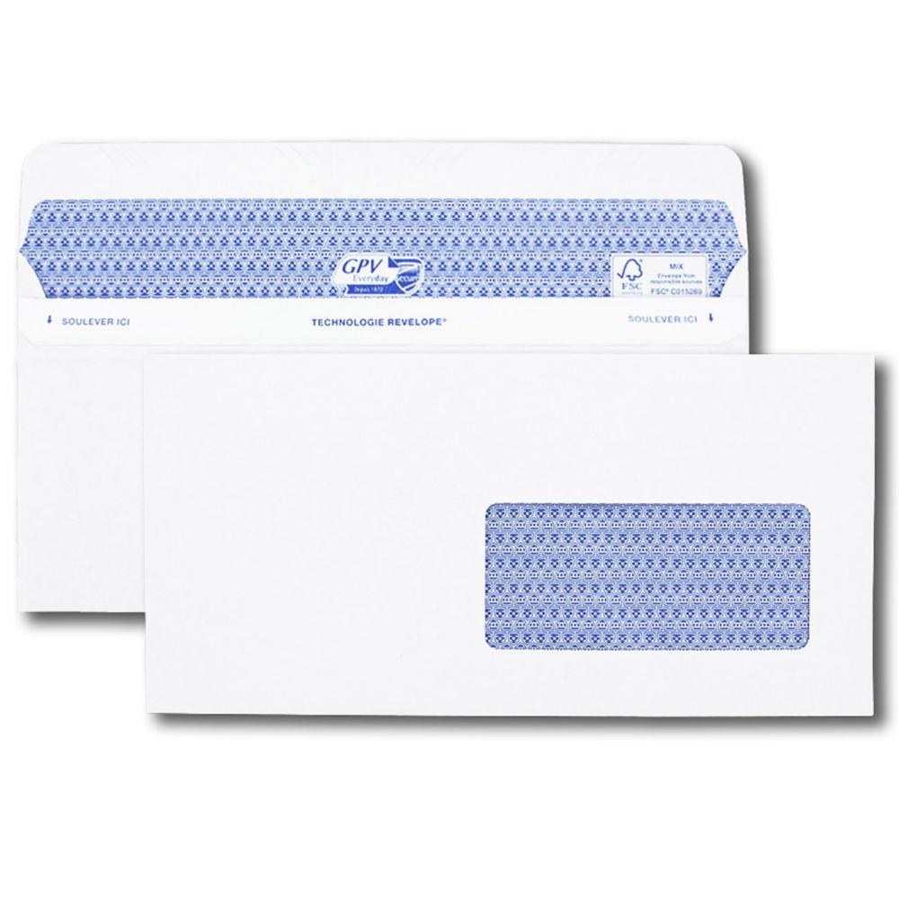 Enveloppe blanche GPV - DL 112 x 225 mm - 90g - avec fentre - fermeture Secure autoadhsive sans bande - bote de 100