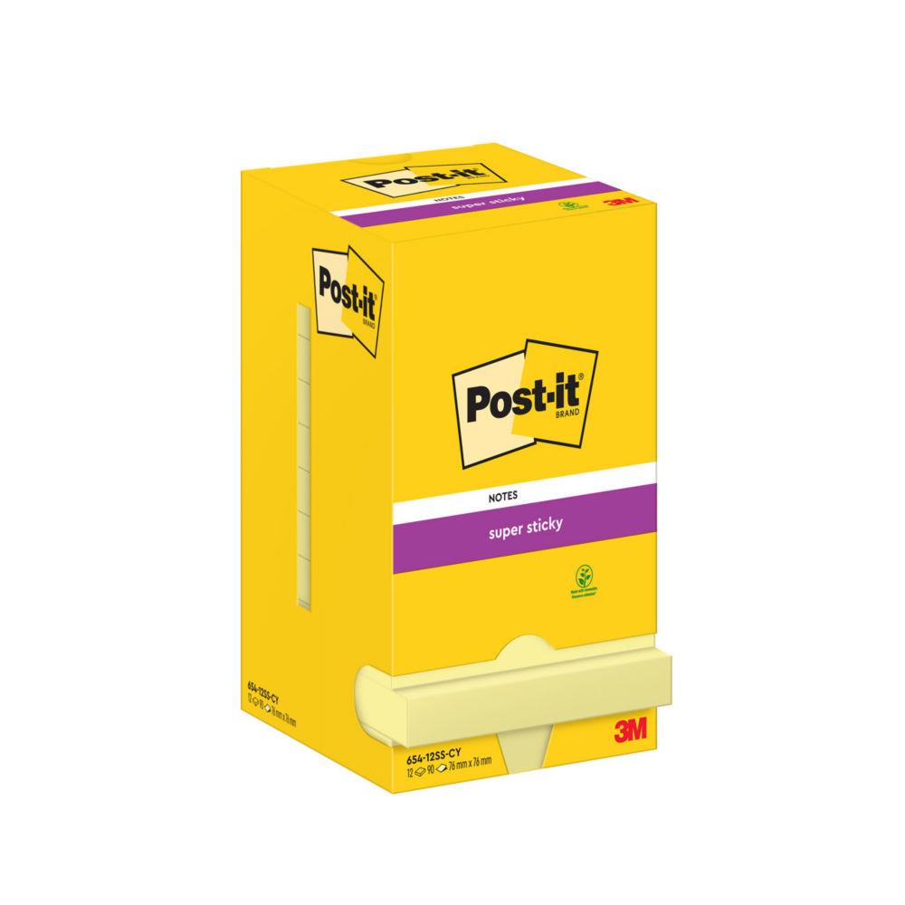 Notes repositionnables Post-it Super Sticky - carr - Jaune jonquille - 76 x 76 mm - lot de 12 blocs de 90 feuilles