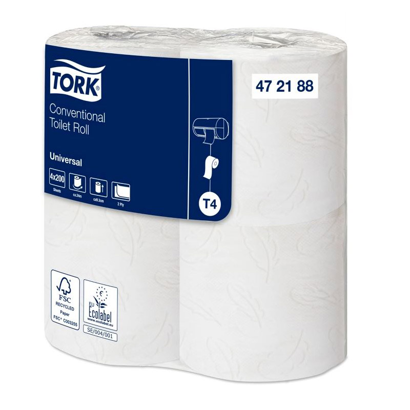 Colis de 12 paquets de 4 rouleaux Papier toilette Tork 472188 - Universal 2 plis 200 feuilles- pour TORK T4