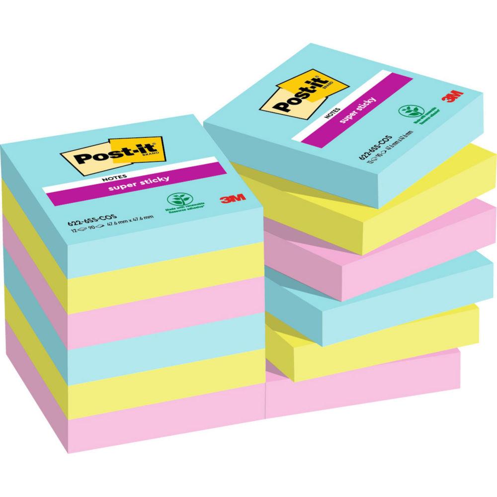 Notes repositionnables Post-it 48 x 48 mm, collection multicolore Cosmic - Lot de 12 blocs de 90 feuilles