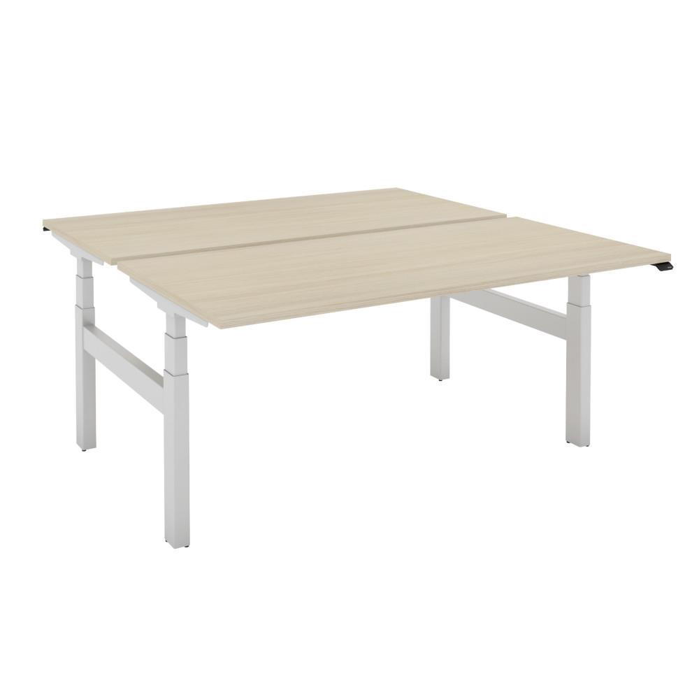 Bureau Bench 2 postes assis-debout r�glage �lectrique Java - 160 x 166 cm - plateau ch�ne pi�tement arche aluminium