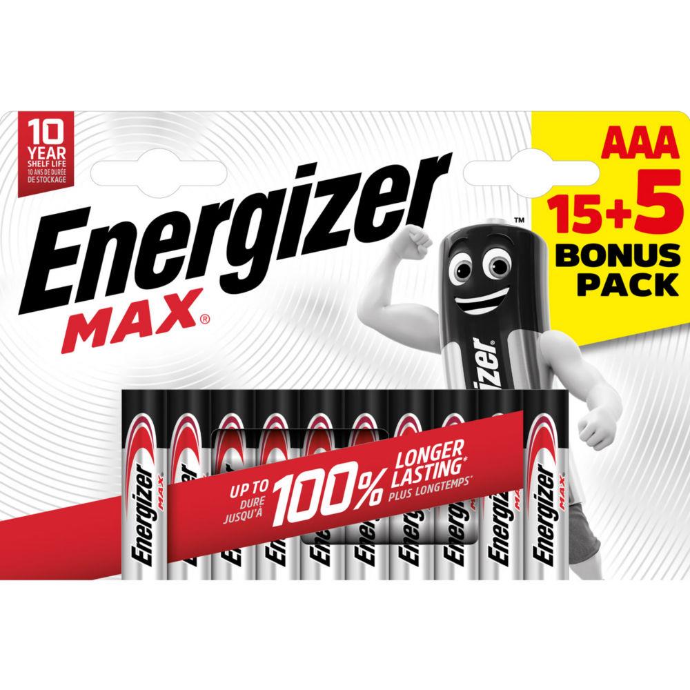 Pile alcaline AAA / LR3 Energizer Max - pack Promo 15 + 5 GRATUITES - blister 20 units