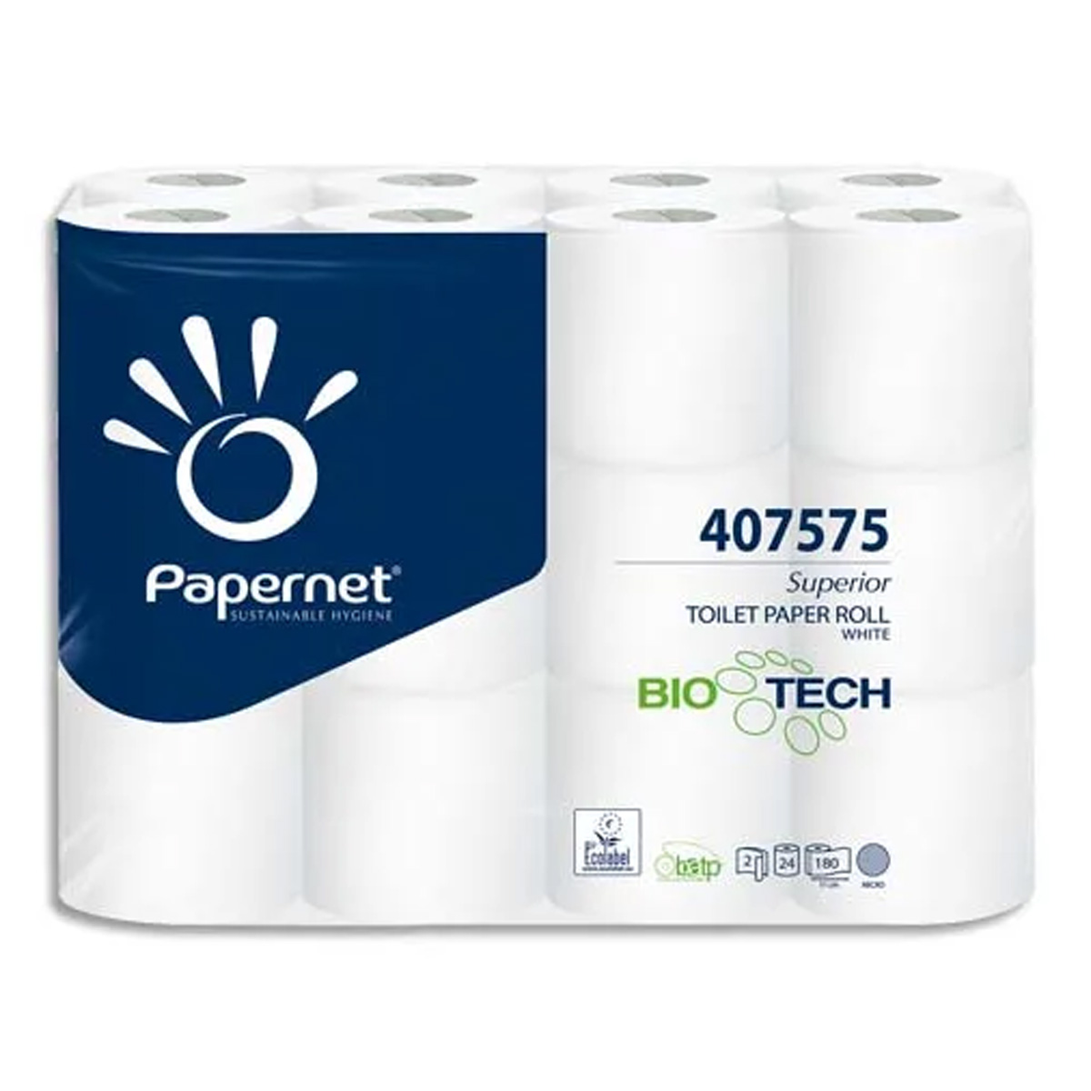 Paquet de 24 rouleaux de papier toilette BioTech Papernet - 2 plis pure cellulose - 180 formats - 19,80 mtres - blanc