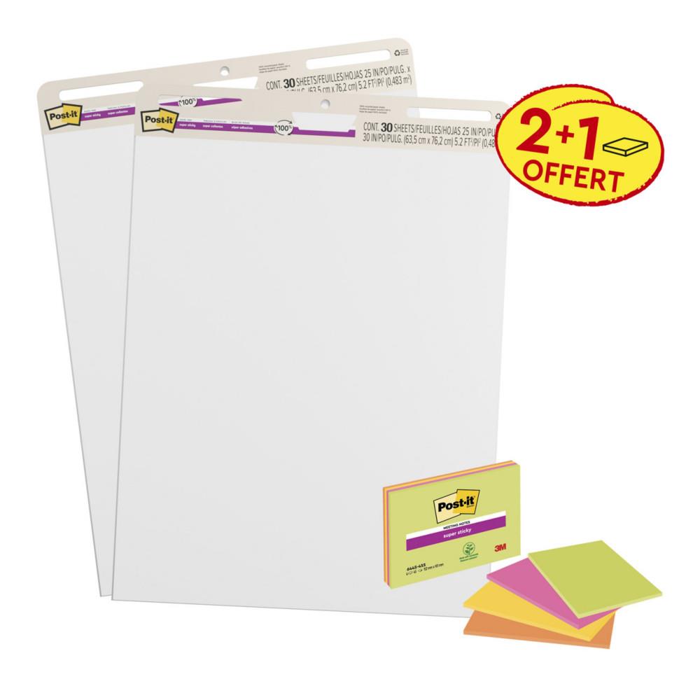 Notes repositionnables Post-it Meeting Charts Super Sticky Blanc 63,5 x 76,2 cm - 2 Blocs 30 feuilles + 4 blocs Meeting Notes offert