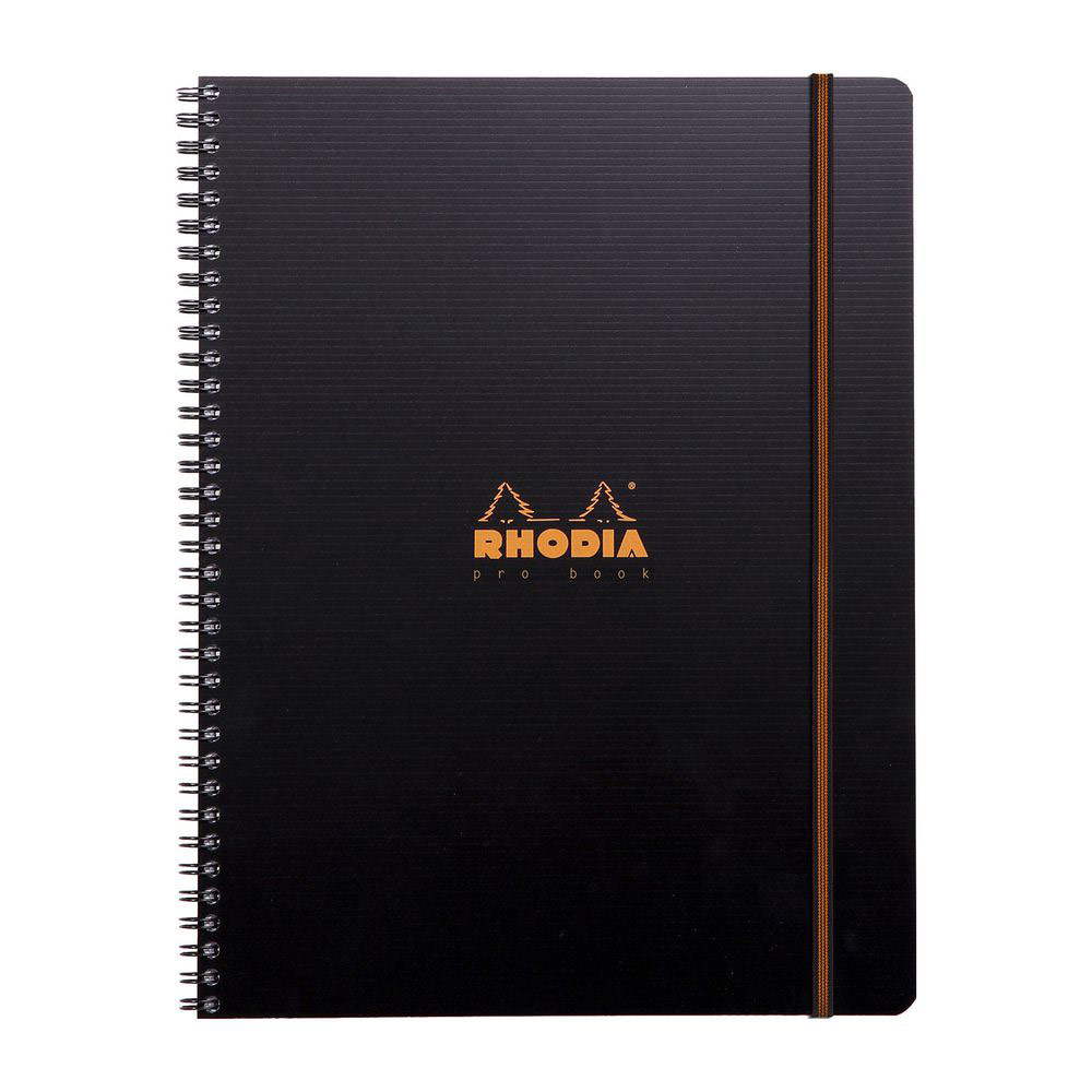 Cahier PROBOOK Rhodia spirale - 22,5x29,7cm - 160 pages ligne 6mm perfores 4 trous - noire polypro