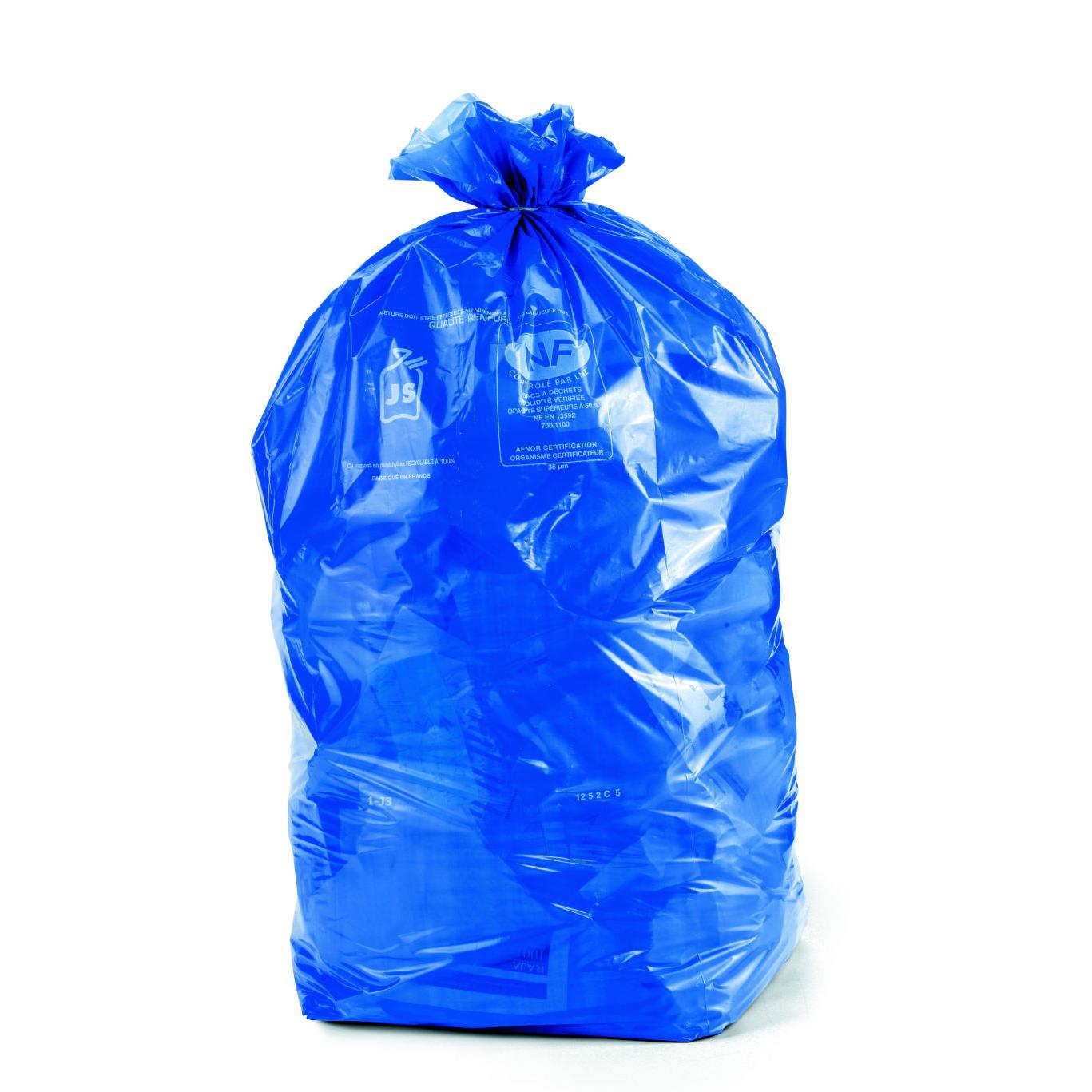 Sac poubelle 110 L bleu pour tri slectif en plastique recycl 36 microns - Carton de 250