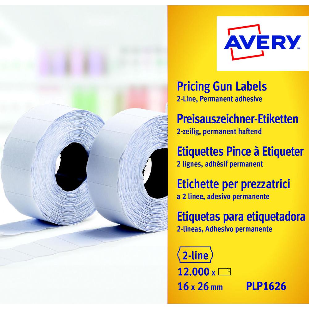 Bote de 10 rouleaux de 1200 tiquettes Avery PLP1626 pour pince  tiquetter - 2 lignes (10+ 8 caractres) - blanches - adhsif permanent