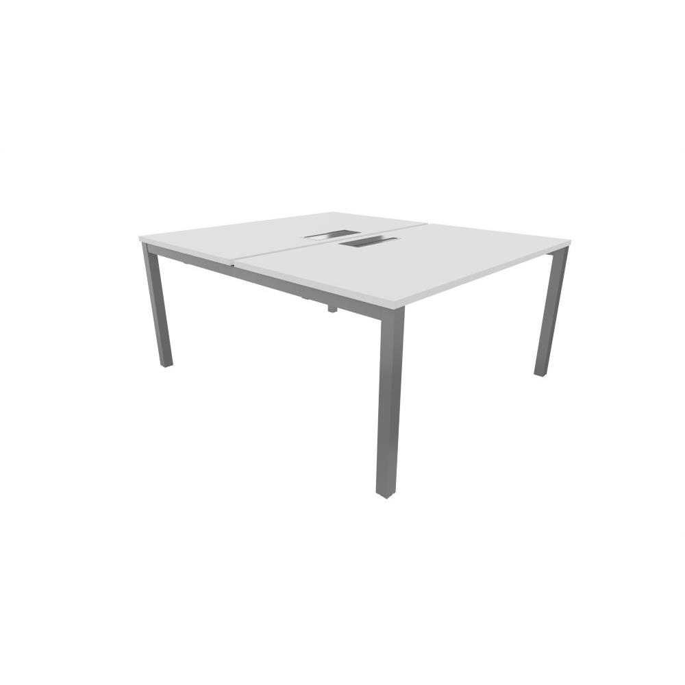 Bureau bench 2 postes Osmose avec trappe d'acc�s aux c�bles - module d�part L120 x P163 cm Plateaux Blanc Pieds m�tal Aluminium