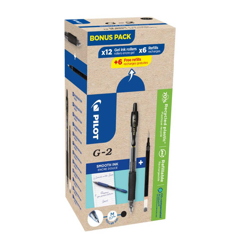 Eco pack Pilot G2-07 - stylo encre gel rtractable - pointe moyenne 0,7 mm - corps noir transparent avec zone de prhension - encre noire - 12 stylos + 12 recharges dont 6 offertes - bote 24 units