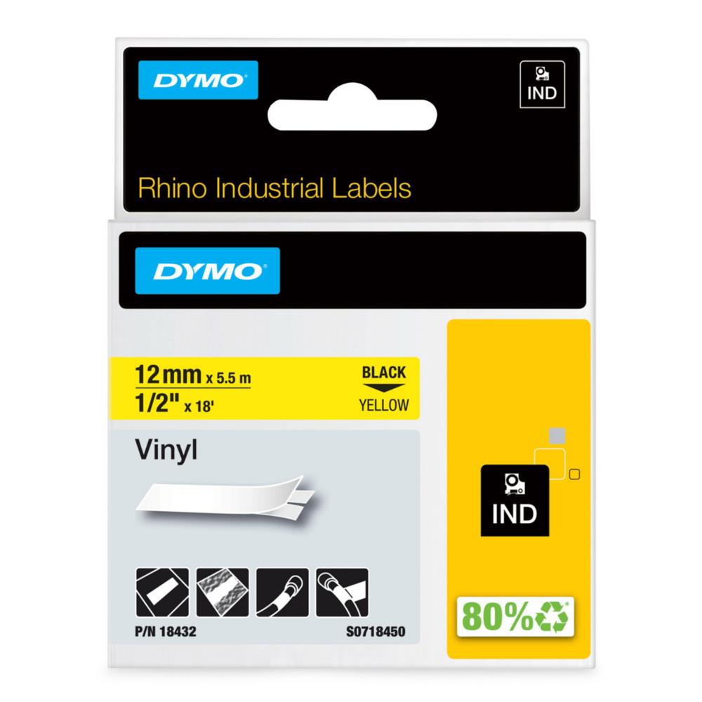 tiquettes autocollantes en vinyle industrielles Dymo Rhino - Ecriture noir / fond jaune - l.12 mm x L. 5,5 m