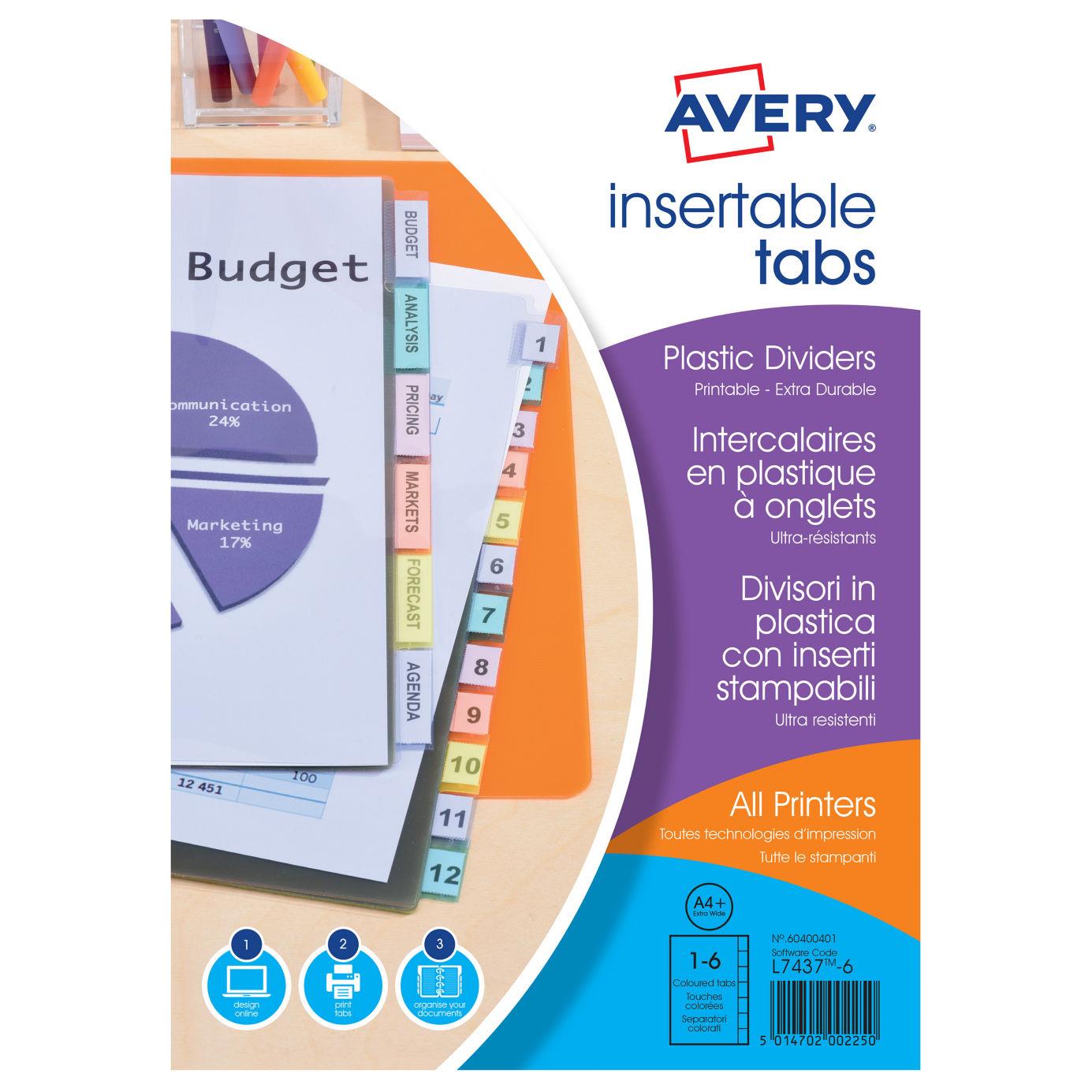 Intercalaires  onglets personnalisables Avery - polypropylne 18/100me - A4+ - 6 positions