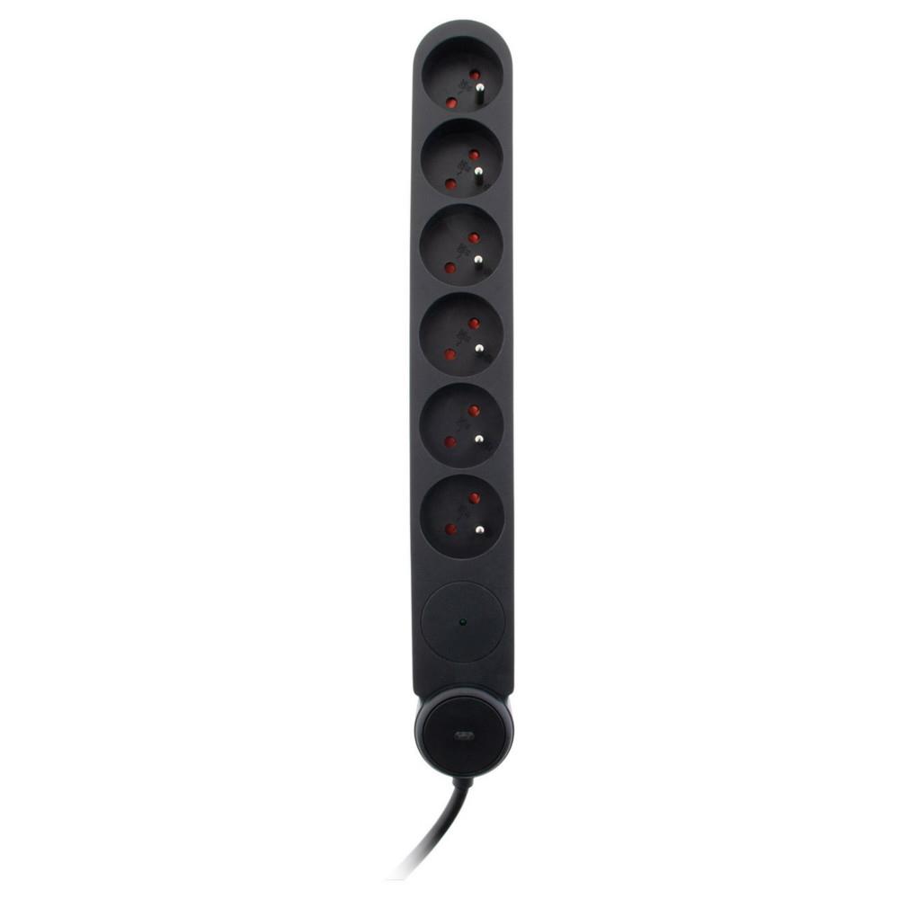 Multiprise Bloc Zenitech de 6 prises secteur en ligne IOTA - Avec interrupteur lumineux - Parafoudre - C�ble de 1,4 m - Noir