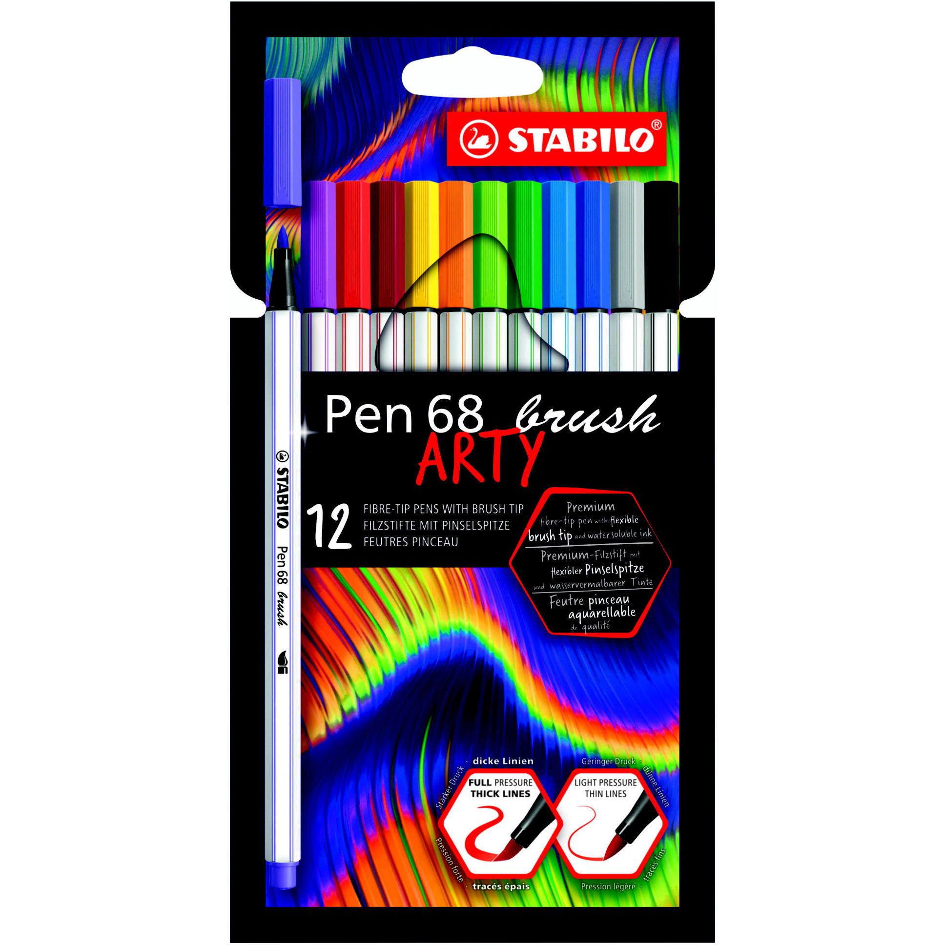 Feutres pinceaux de dessin Stabilo Pen 68  Brush Arty pointe ogive moyenne 1 mm - Pochette de 12 coloris assortis