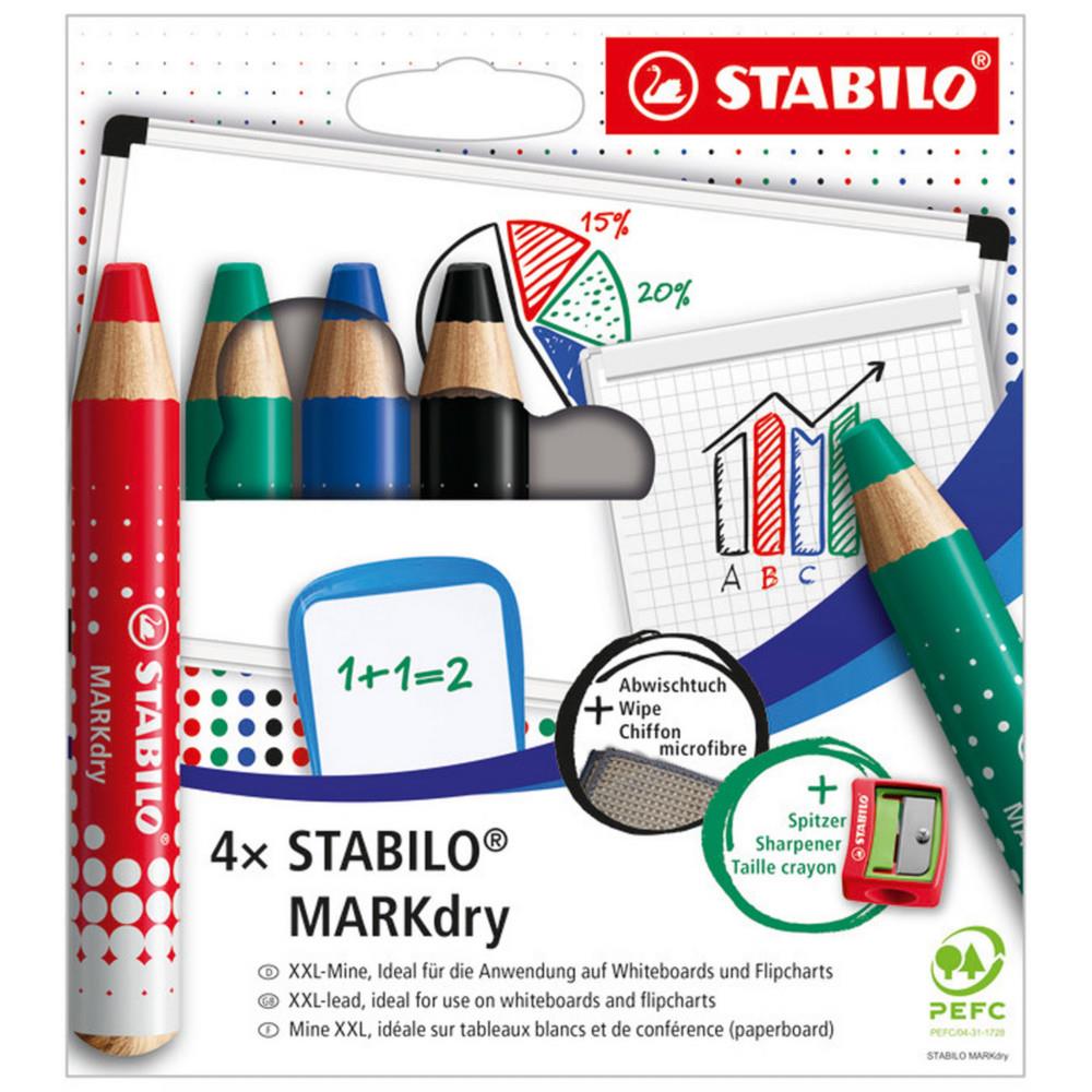 Crayon marqueur Stabilo MarkDry - effaable  sec - PEFC - Etui de 4 coloris assortis