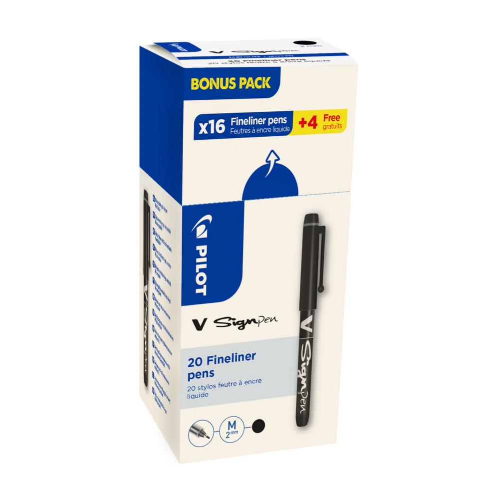 Stylo feutre  capuchon Pilot V-Sign Pen - pointe moyenne 2 mm - noir - Lot de 16 + 4 OFFERTS