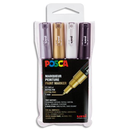 Pochette de 4 marqueurs peint Uni Posca - Pointe extra fine de 0,7 � 1 mm (PC1MC) - Or, argent, blc, noir