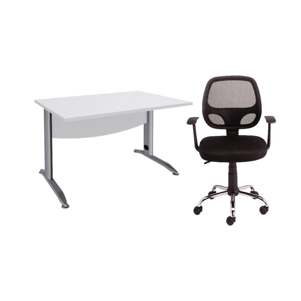 Pack Impact - 1 bureau droit plateau blanc pieds L aluminium - L 120 x P 80 x H 72 cm  -  1 fauteuil Tami - tissu,maille filet - dossier H 46 cm - noir