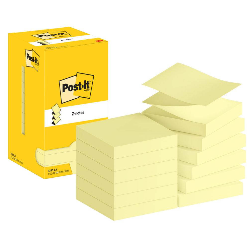 Notes Repositionnables Post-it Z-Notes carres Jaune 76 x 76 mm - lot de 12 blocs de 100 feuilles