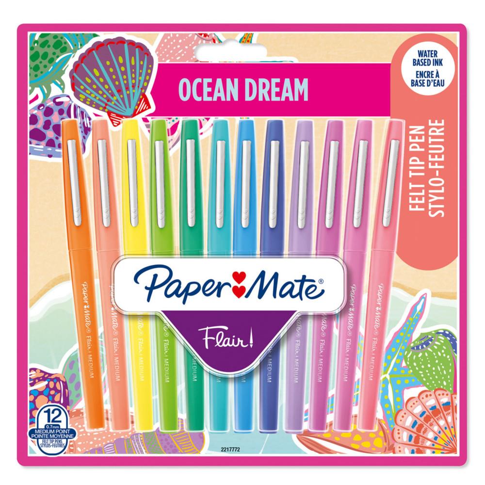 Feutre Flair Paper Mate Ocean Dream - A capuchon - Pointe moyenne 0,7 mm - Pochette de 12 couleurs assorties