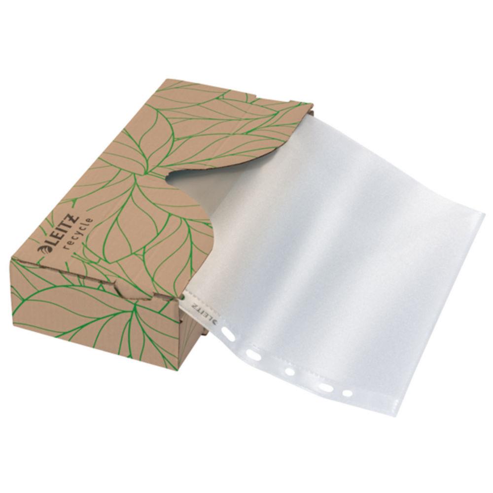 Pochettes perfores Recycle Leitz avec distributeur A4 polypropylne grain 7/100e transparentes - Bote de 40