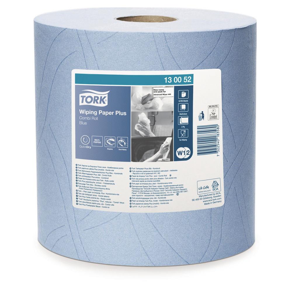 Bobine d'essuyage Tork Plus - 130052 - Bleu - 750 feuilles - pour TORK W1 & W2