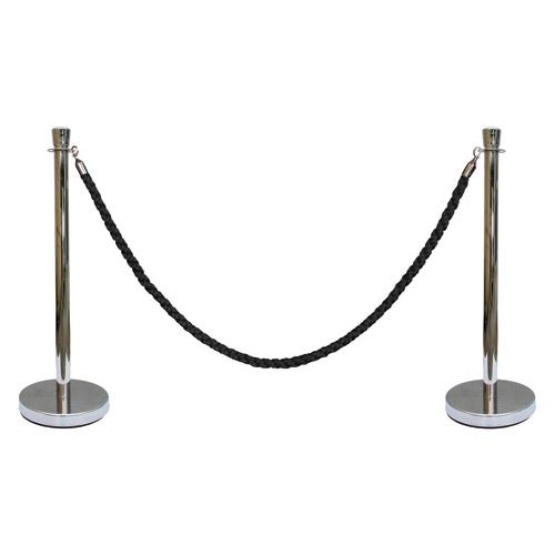 Kit Poteaux De Guidage Argent Avec Corde Noire 1,5m - Pack 2 Poteaux Tête Boule, Base Antidérapante, Organisation Événements