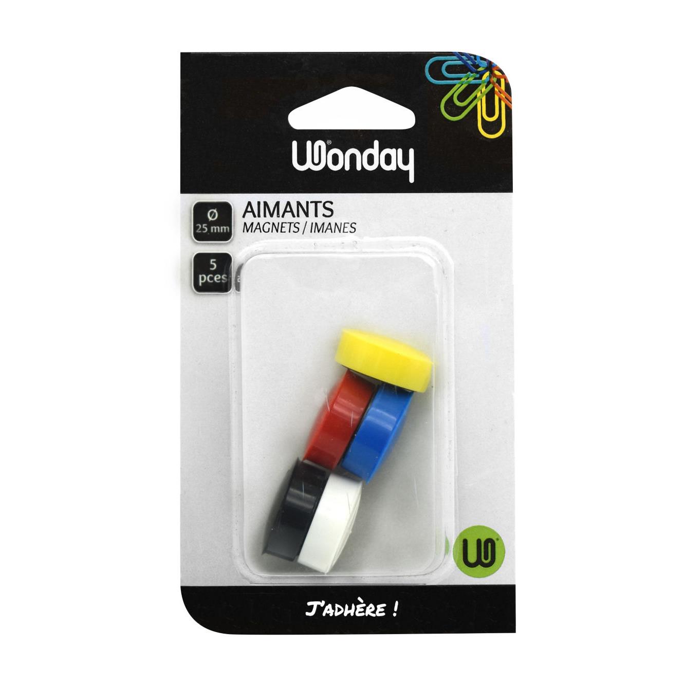 Aimant rond Wonday pour tableau magntique - Diamtre 25 mm - Coloris assortis (blister 5 units)