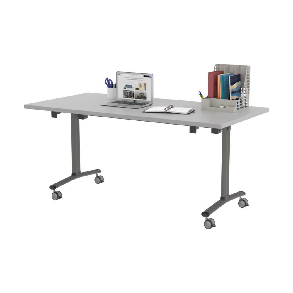 Table � plateau basculant droit - L 160 x P 80 cm - plateau gris - pieds aluminium