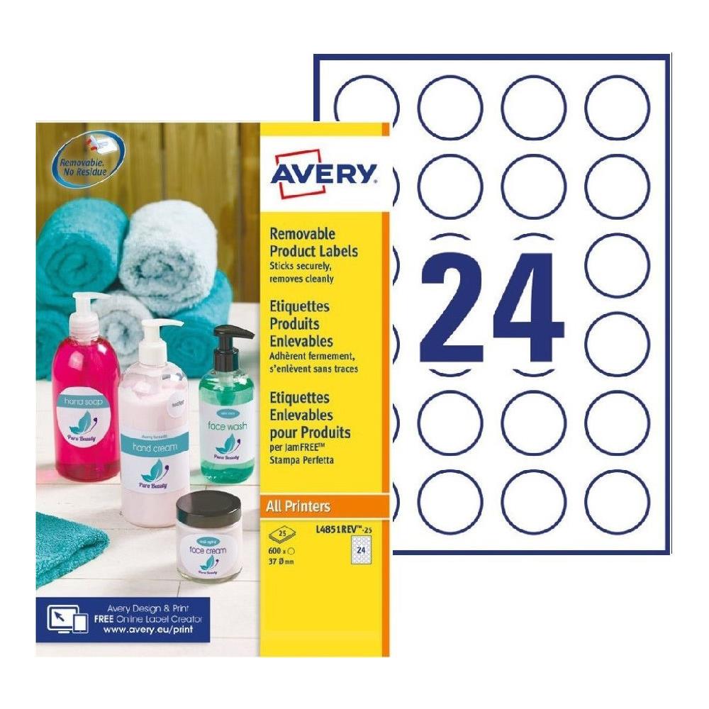 tiquettes multi-usages L4851REV Avery - enlevables - rondes - D.37 mm - blanc - 600 tiquettes par bote