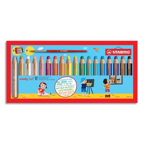 Crayon de couleur Stabilo woody 3in1 - Etui carton de 18 crayons + taille-crayon + pinceau rond