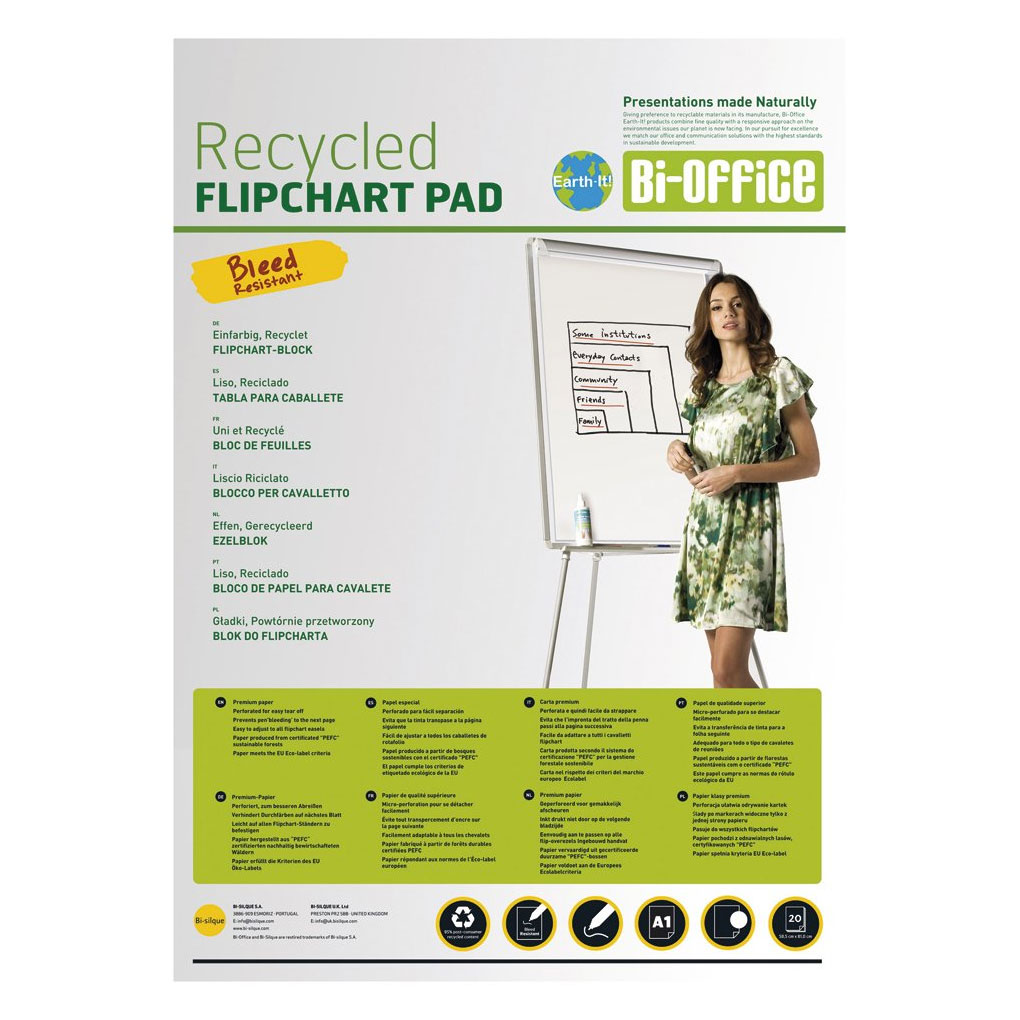 Recharge papier recyclable Bi-Office pour chevalets  - 50 feuilles uni - lot de 5 - L65 x H98 cm